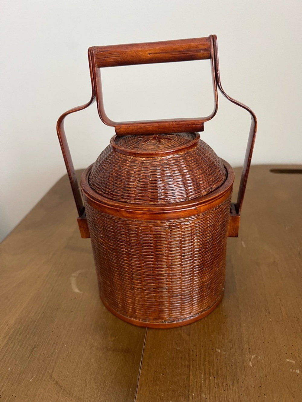Vintage Handcrafted‎ Chinese two-tiered bamboo & rattan lidded lunchbox